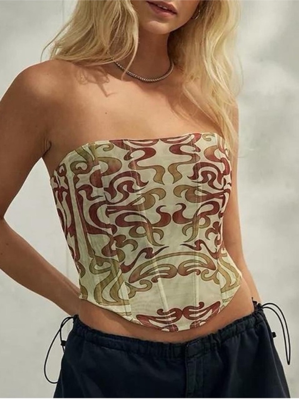 Strapless Printed Corset Top - Green & Brown